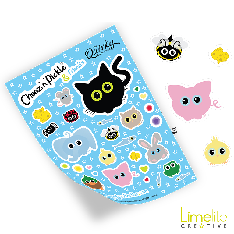 This is a picture of a sticker sheet showing the Cheez 'n' Pickle range at The Quirky Collection designed exclusively by founder Alison at Limelite Creative in Falkirk