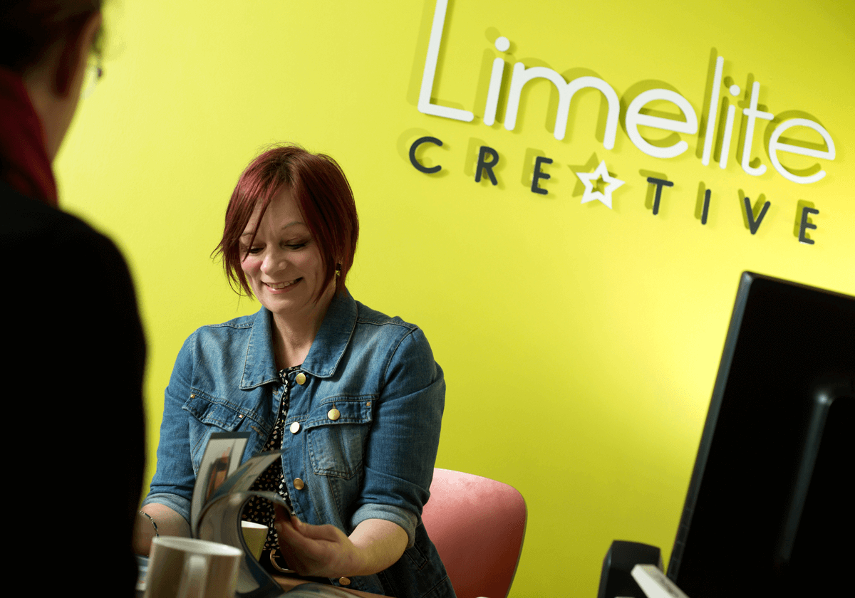 This is an image of founder Alison Harkins in her design studio at Limelite Creative in Falkirk